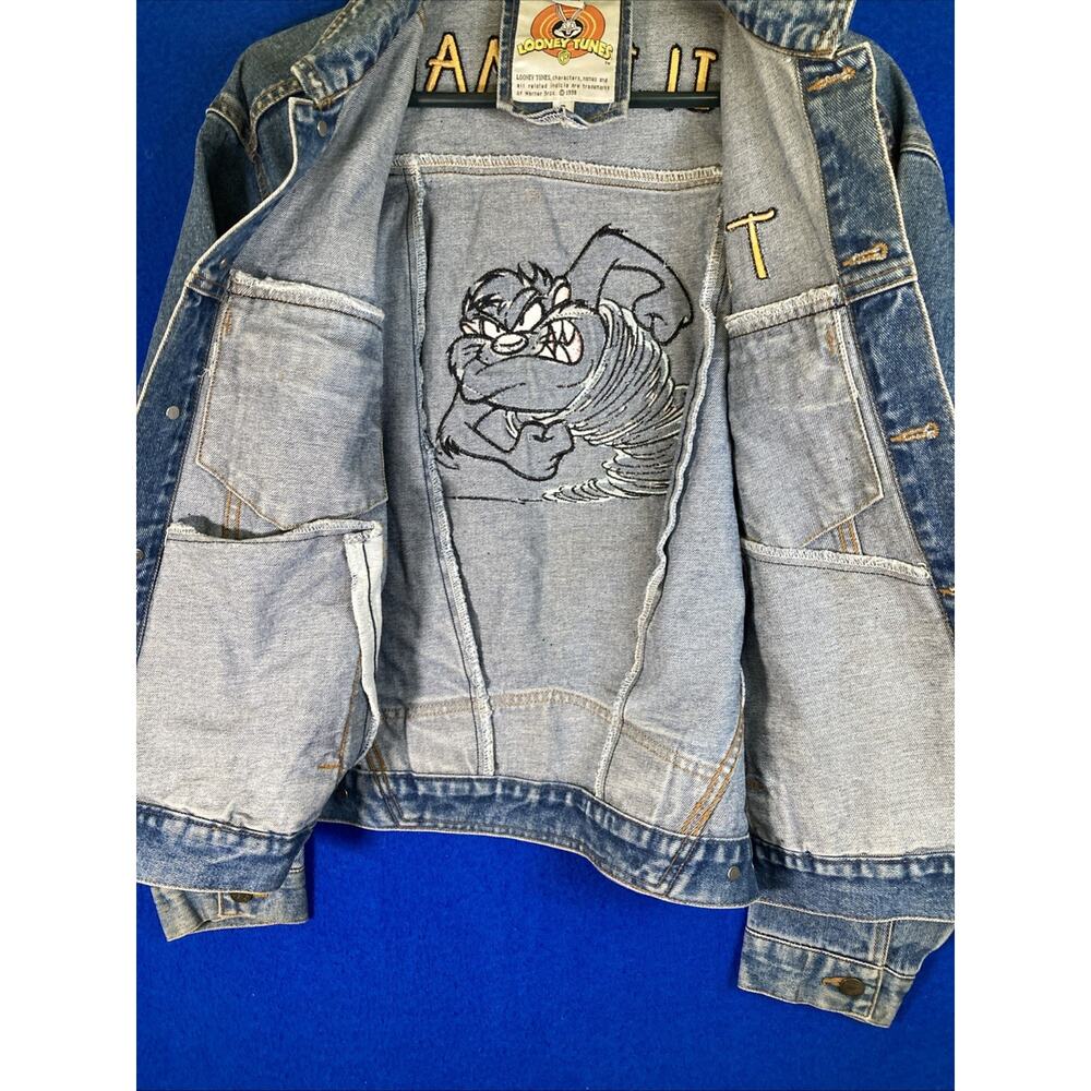Vintage 90s Warner Bros Taz Looney Tunes Embroidered Denim Jacket Womens Small - Picture 5 of 16
